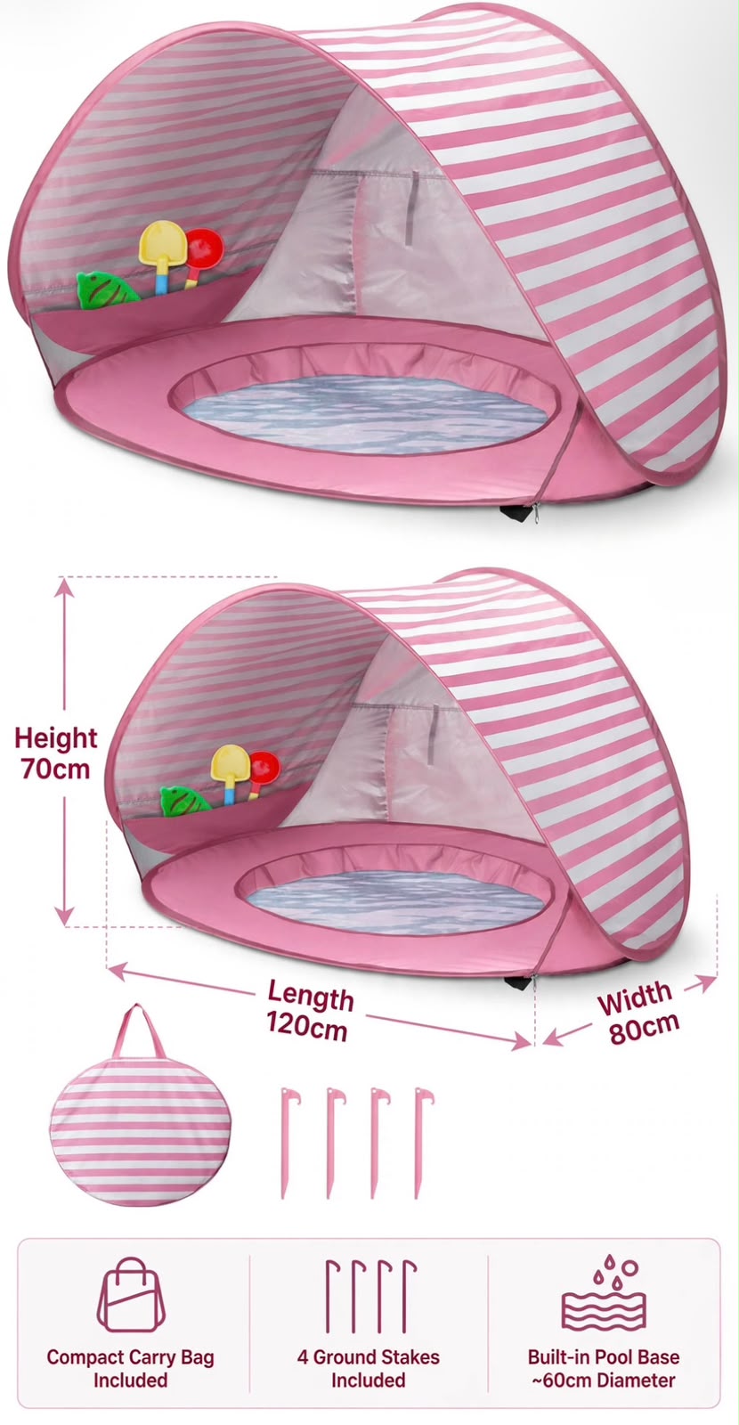 Pink and white striped baby play tent with measurement annotations showing height 70cm, length 120cm, and width 80cm, plus a small carry bag and stake set shown in an inset.