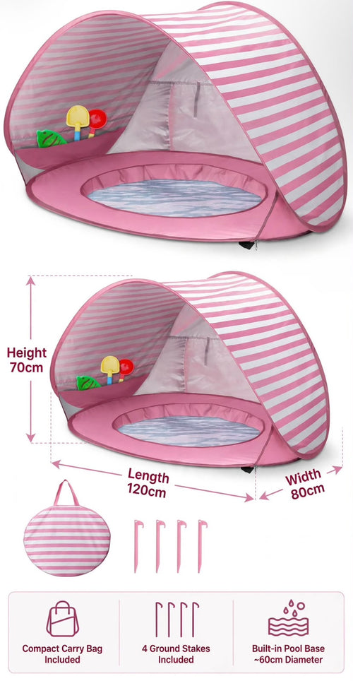 Pink and white striped baby play tent with measurement annotations showing height 70cm, length 120cm, and width 80cm, plus a small carry bag and stake set shown in an inset.